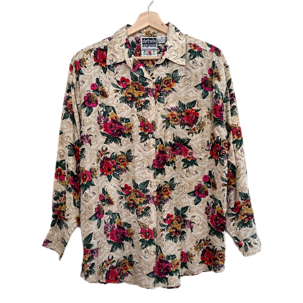 Vintage Silk Button Front Floral Blouse Size Medium
